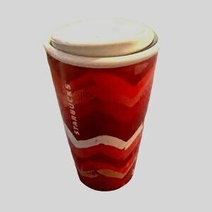 STARBUCKS 2014 Red Chevron Tumbler Zig Zag Ceramic Coffee Mug Travel Cup 10 oz